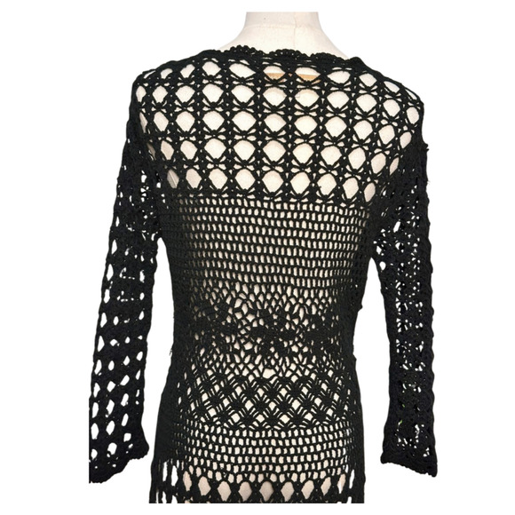 Boston Proper Black Crochet 3/4 Sleeve V Neck Midi Dress Medium - Picture 7 of 11